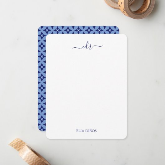 French Blue & Navy Monogram Kaart Notitiekaartje (Voorkant / Achterkant in situ)