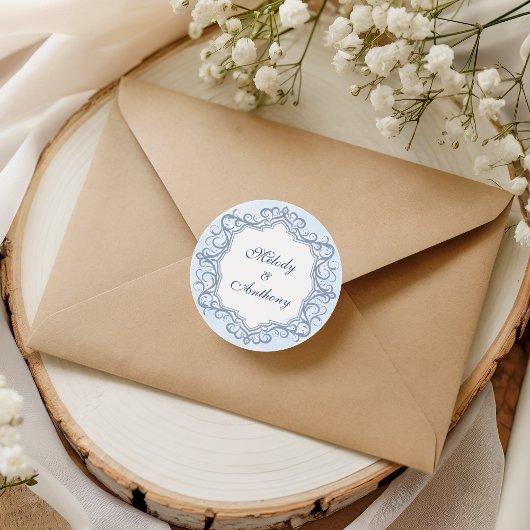 French Blue Ornate Monogram Wedding Seal Ronde Sticker