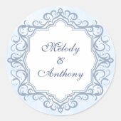 French Blue Ornate Monogram Wedding Seal Ronde Sticker (Voorkant)