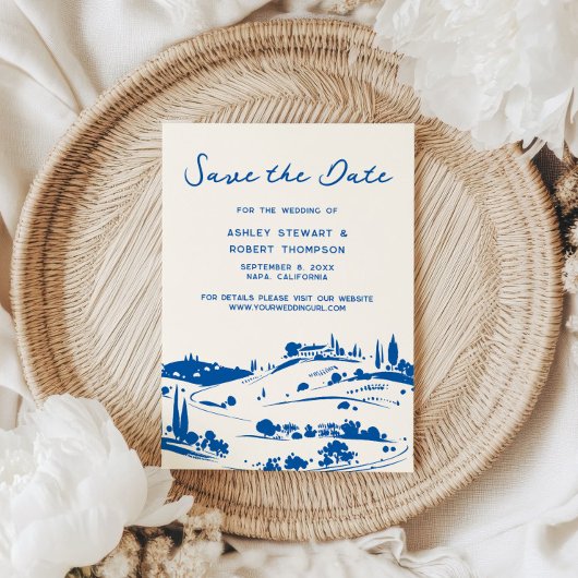 French Blue Pastoral Countryside Save the Date Kaart