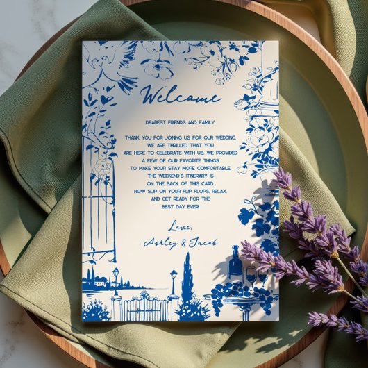 French Blue Pastoral  Wedding Letter and Itinerary Programmakaart