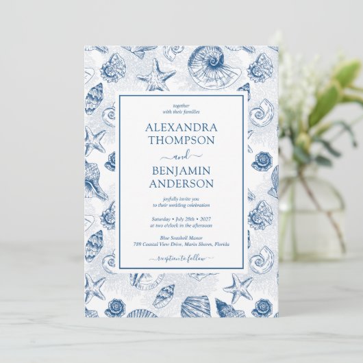 French Blue  Seashell Toile Classic Wedding Kaart (Staand voorkant)