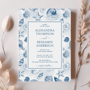 French Blue  Seashell Toile Classic Wedding Kaart