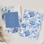 French Blue Toile Folie Wedding Save the Date Uitnodiging