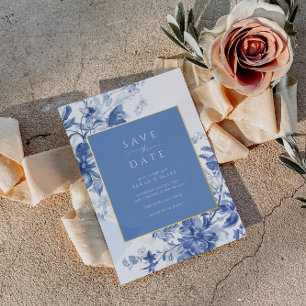 French Blue Toile Folie Wedding Save the Date Uitnodiging