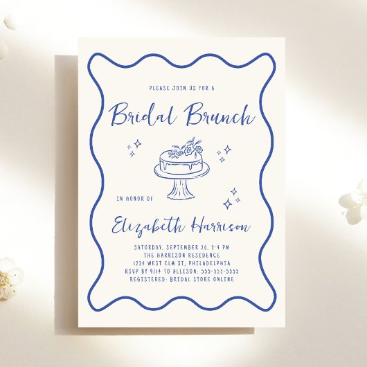 French Blue Wavy Frame Cream Bridal Brunch Shower Kaart