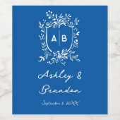 French Blue Whimsical Floral Monogram Crest  Wijn Etiket (Enkel label)