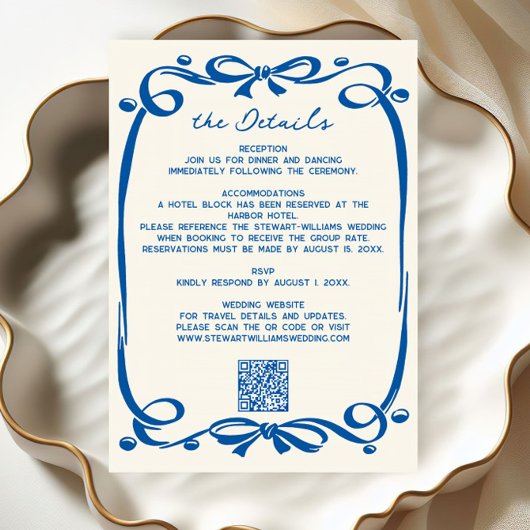 French Blue Whimsical Hand Drawn Ribbon Wedding  Informatiekaartje