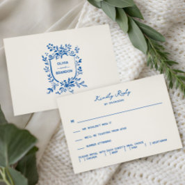 French Blue Whimsical Pastoral Wedding Invitation, RSVP Kaartje