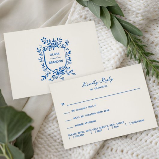 French Blue Whimsical Pastoral Wedding Invitation, RSVP Kaartje