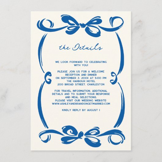 French Blue Whimsical Ribbon and Bow Wedding  Informatiekaartje (Voorkant)