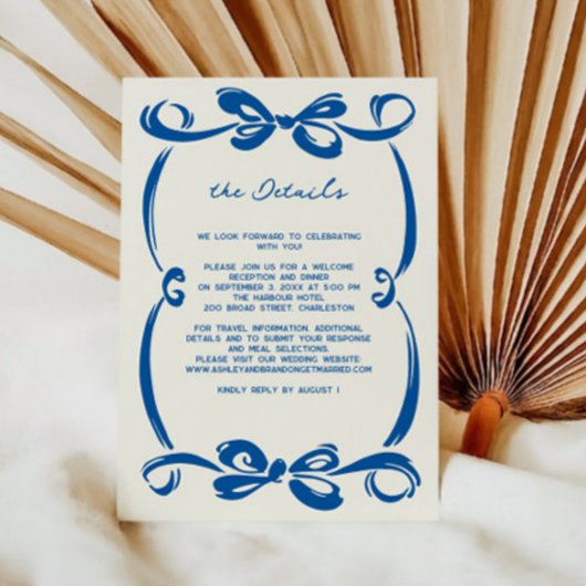 French Blue Whimsical Ribbon and Bow Wedding  Informatiekaartje