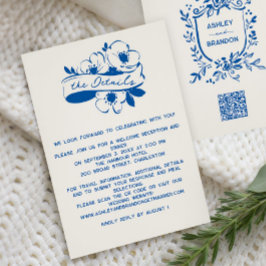 French Blue Whimsical Ribbon Crest Wedding  Informatiekaartje