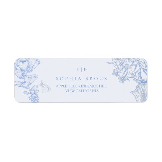 French Blue White Floral Wedding Etiket (Voorkant)