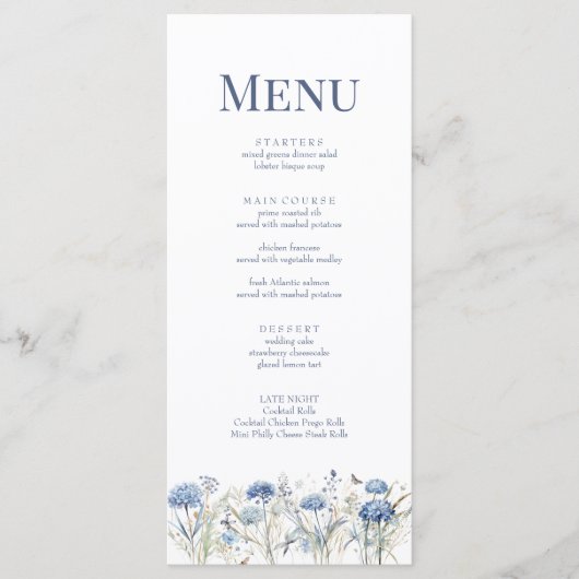 French Blue Wildflower Meadow Wedding Menu Kaart (Voorkant)