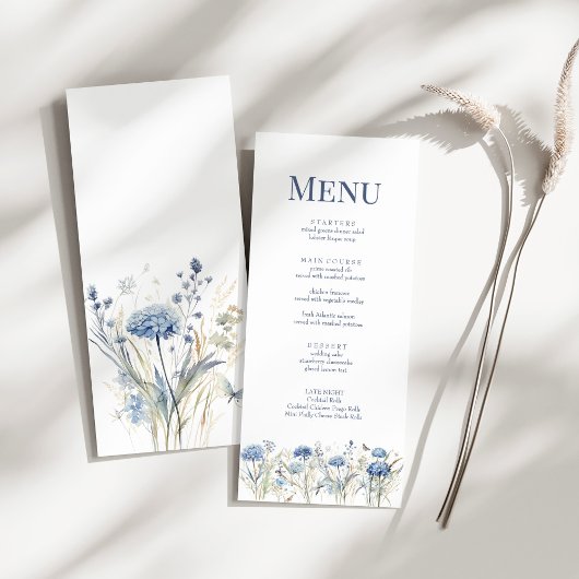 French Blue Wildflower Meadow Wedding Menu Kaart