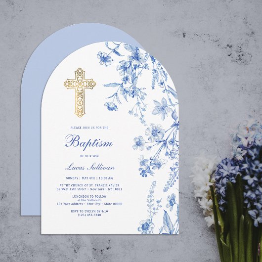 French Blue Wildflowers Arch Baptism Kaart