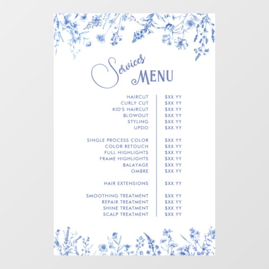 French Blue Wildflowers Diensten Menu Raamsticker (Vel)
