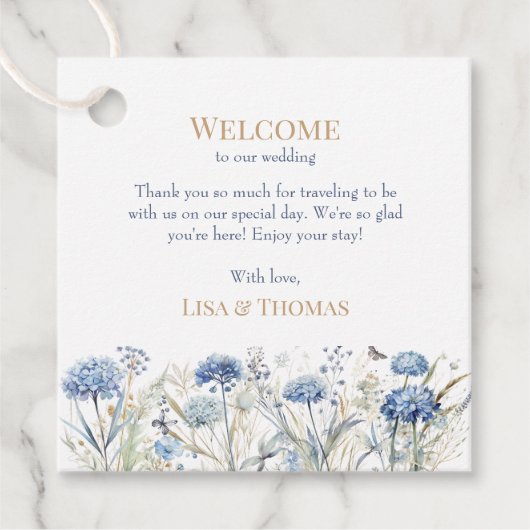 French Blue Wildflowers Meadow Welcome Gift Label (Voorkant)