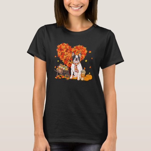 French Bulldog Autumn Tree Fall Leaves Pumpkin Dog T-shirt (Voorkant)