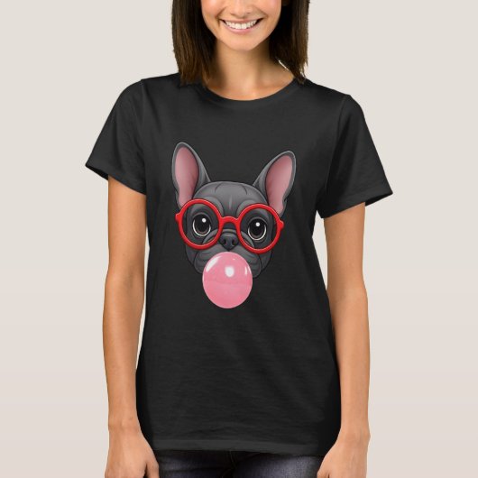 French Bulldog Bubble Gum Dog Mom Dad Glasses Funn T-shirt (Voorkant)