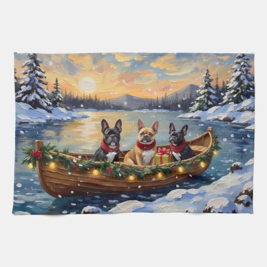 French Bulldog Christmas Boat Holiday Theedoek (Horizontaal)