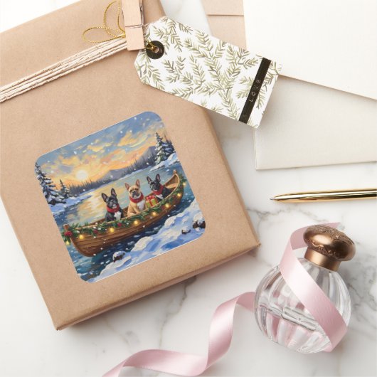 French Bulldog Christmas Boat Holiday Vierkante Sticker (Geschenken)