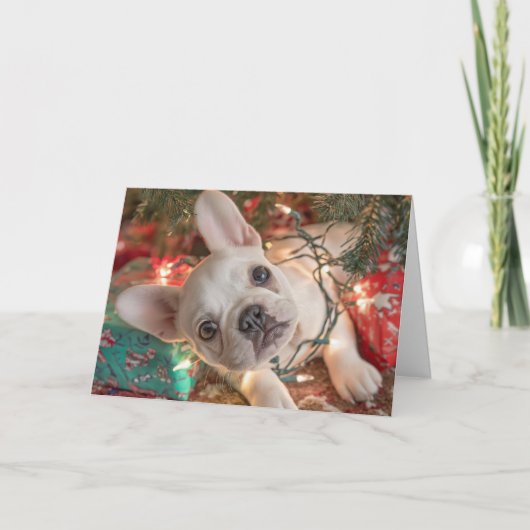 French Bulldog Christmas Card – Puppy in Lights Kaart (Voorkant)