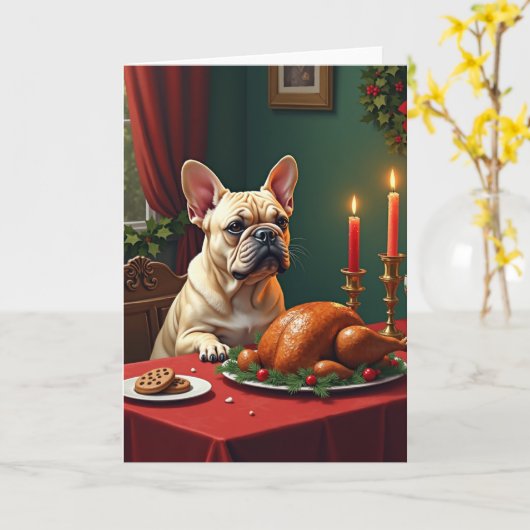 French Bulldog Christmas Eve Feast Painting Kaart (Gele Bloem)