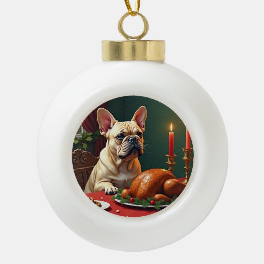 French Bulldog Christmas Eve Feast Painting Keramische Bal Ornament (Voorkant)