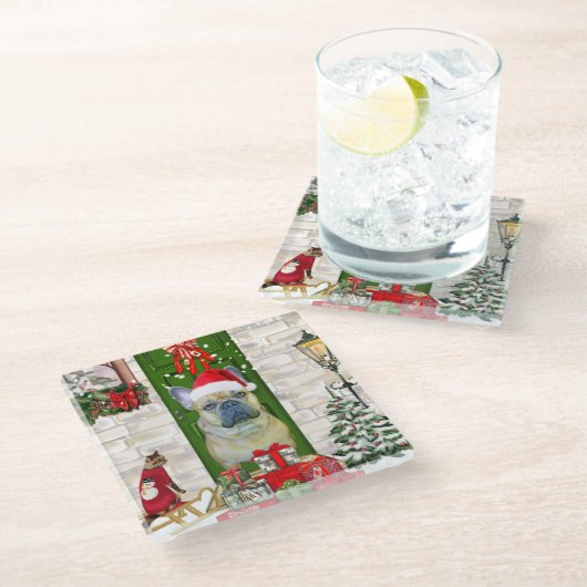 French Bulldog Christmas Glazen Onderzetter (Schuin)