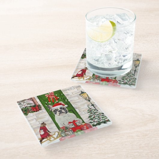 French Bulldog Christmas Glazen Onderzetter (Schuin)