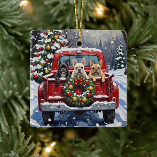 French Bulldog Christmas Red Truck Holiday Keramisch Ornament (Boom)