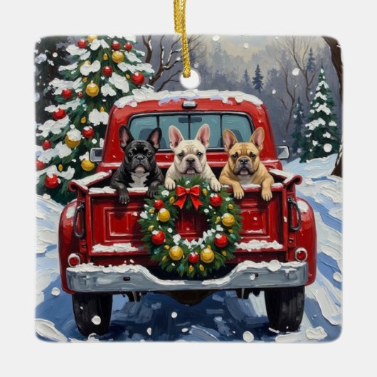 French Bulldog Christmas Red Truck Holiday Keramisch Ornament (Voorkant)