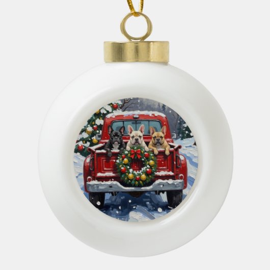 French Bulldog Christmas Red Truck Holiday Keramische Bal Ornament (Voorkant)