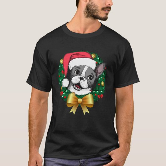French Bulldog Christmas Santa Xmas Wreath Tree T-shirt (Voorkant)