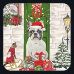 French Bulldog Christmas Vierkante Sticker<br><div class="desc">De kerstboom van de Franse Bulldog kerstmis die buiten het decoratieve huis met kerstmis zit,  is een perfect kerstcadeauidee voor hondenliefhebbers.</div>