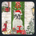 French Bulldog Christmas Vierkante Sticker<br><div class="desc">De kerstboom van de Franse Bulldog kerstmis die buiten het decoratieve huis met kerstmis zit,  is een perfect kerstcadeauidee voor hondenliefhebbers.</div>