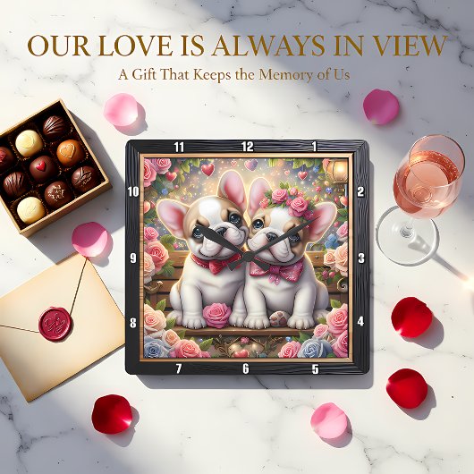 French Bulldog Couple Rose Garden Vierkante Klok