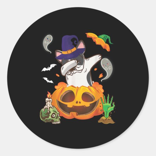 French Bulldog Dabbing To Open Pumpkin Halloween Ronde Sticker (Voorkant)