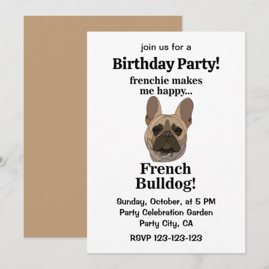 French Bulldog Face Birthday Party Kaart (Voorkant / Achterkant)