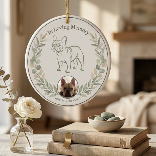 French Bulldog-herdenkings Sage Botanisch Keramisch Ornament