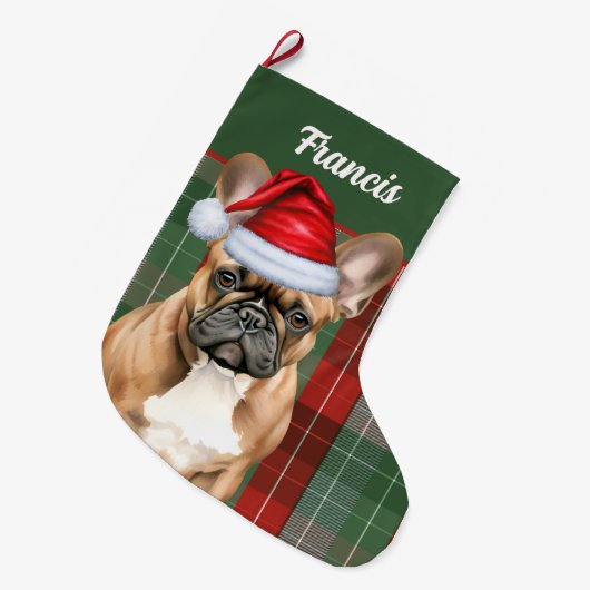 French Bulldog Holiday Plaid and Dogs Name Grote Kerstsok (Voorkant (Hangend))