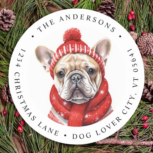 French Bulldog hond Aangepast Kerstmis retour adre Ronde Sticker