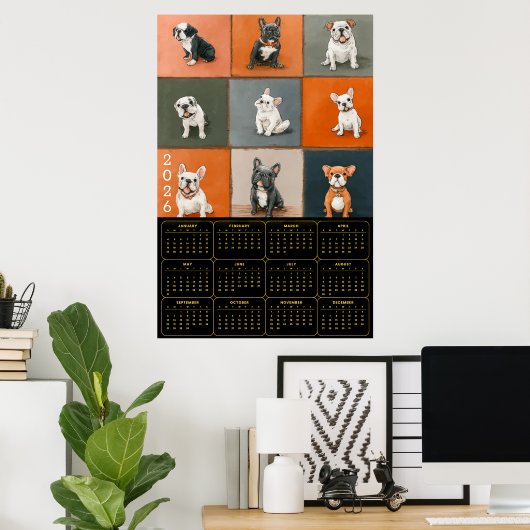French Bulldog Portrait Grid with 2026 Calendar Poster (Thuiskantoor)