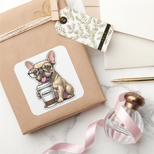 French Bulldog Pupresso Vibes Vierkante Sticker (Geschenken)