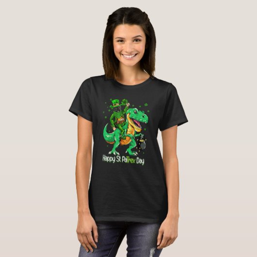 French Bulldog Riding Dinosaur Patricks Day Shamro T-shirt (Voorkant volledig)