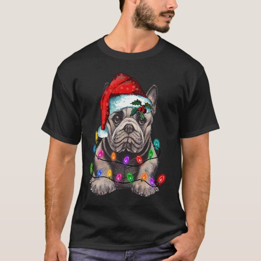 French bulldog santa christmas tree lights t-shirt (Voorkant)
