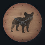 French Bulldog Silhouette | Hondenliefhebber Faux  Grote Klok<br><div class="desc">Franse Bulldog Silhouette Decorative Wall Clock. Faux rustic wood design. Deze koele de muurklok van dit hondenliefhebber is groot voor huis of kantoor. Toon je liefde voor Fransen terwijl je de tijd in de gaten houdt. Bekijk Jenn's Doodle World voor nog meer hondenras silhouettes home decor en cadeaus.</div>