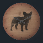 French Bulldog Silhouette | Hondenliefhebber Faux  Grote Klok<br><div class="desc">Franse Bulldog Silhouette Decorative Wall Clock. Faux rustic wood design. Deze koele de muurklok van dit hondenliefhebber is groot voor huis of kantoor. Toon je liefde voor Fransen terwijl je de tijd in de gaten houdt. Bekijk Jenn's Doodle World voor nog meer hondenras silhouettes home decor en cadeaus.</div>
